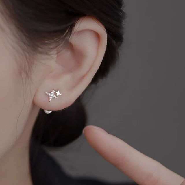 Barbell Star 925 Silver Sterling Earring Rhinestone