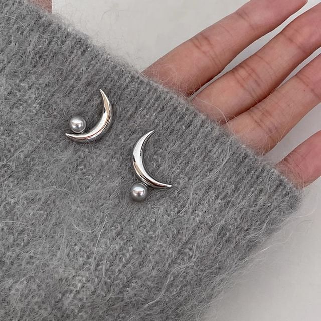 925 Earring Stud Faux Pearl Crescent Silver Sterling
