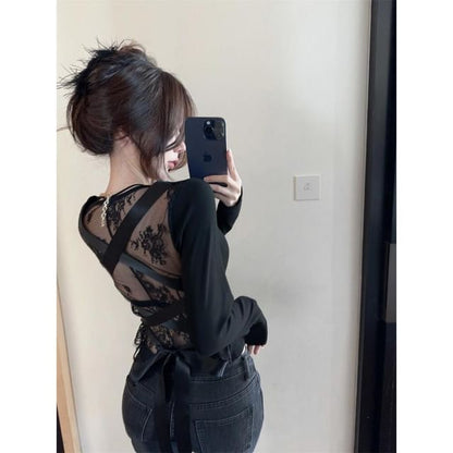 V-Neck Tie Back Lace Panel Long-Sleeve Top