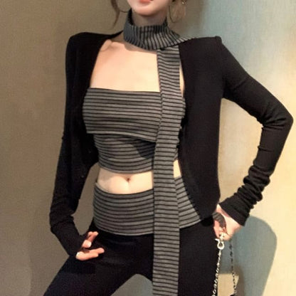 Striped Crop Tube Top / Scarf / Flared Pants / Cardigan Set