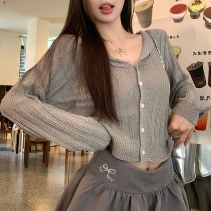 Collared Plain Cropped Cardigan
