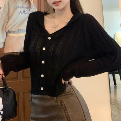 Collared Plain Cropped Cardigan