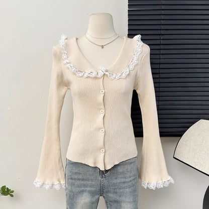 Collar Lace Trim Ribbed Knit Long-Sleeve Top