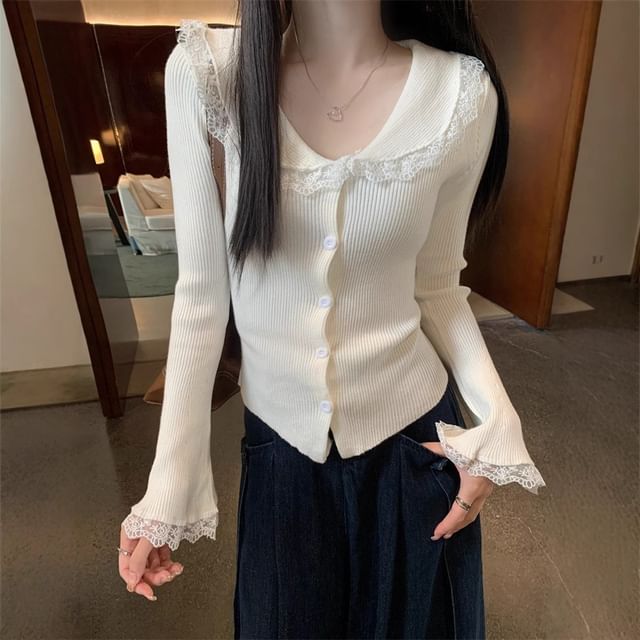 Collar Lace Trim Ribbed Knit Long-Sleeve Top