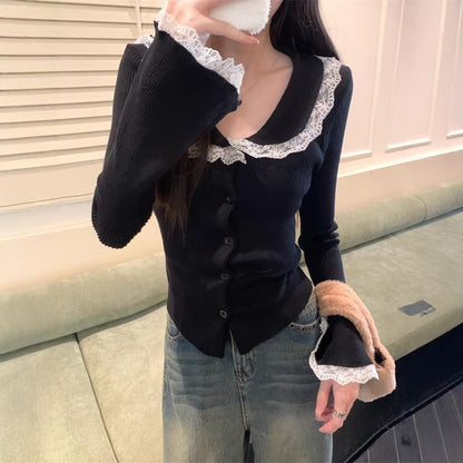 Collar Lace Trim Ribbed Knit Long-Sleeve Top