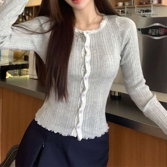 Crew Neck Lace Trim Lettuce Edge Button-Up Crop Cardigan