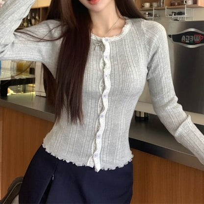 Crew Neck Lace Trim Lettuce Edge Button-Up Crop Cardigan