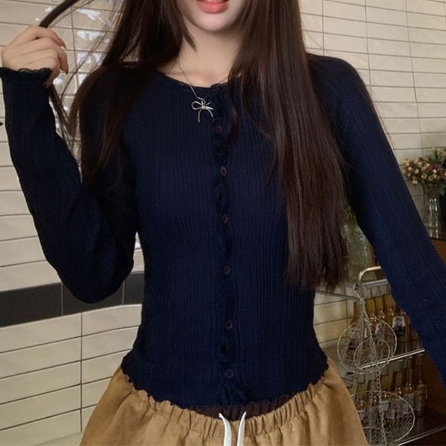 Crew Neck Lace Trim Lettuce Edge Button-Up Crop Cardigan