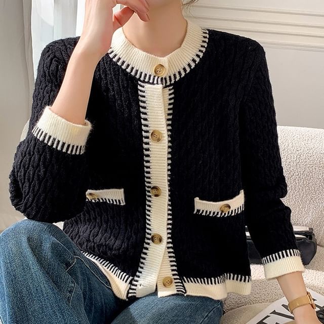 Cable Knit Contrast Trim Button-Up Cardigan