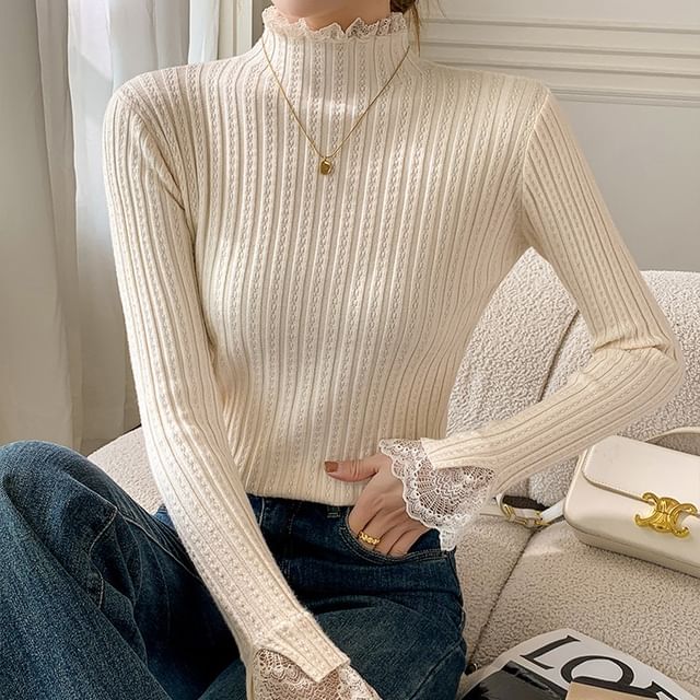 Mock Neck Lace Detail Fitted Long Sleeve Knitwear