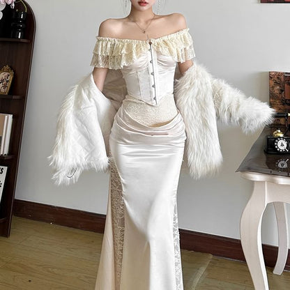 Ruffle Off-Shoulder Bustier with Lace Mermaid Skirt