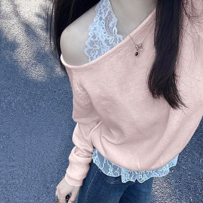 Off-Shoulder Halter Lace Crop Knit with Long Sleeves
