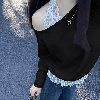 Off-Shoulder Halter Lace Crop Knit with Long Sleeves