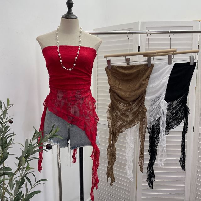 Asymmetric Lace Insert Strapless Crop Top