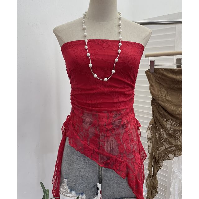 Asymmetric Lace Insert Strapless Crop Top