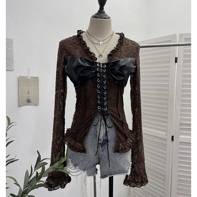 Faux Leather Lace V-Neck Long-Sleeve Top