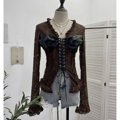 Faux Leather Lace V-Neck Long-Sleeve Top