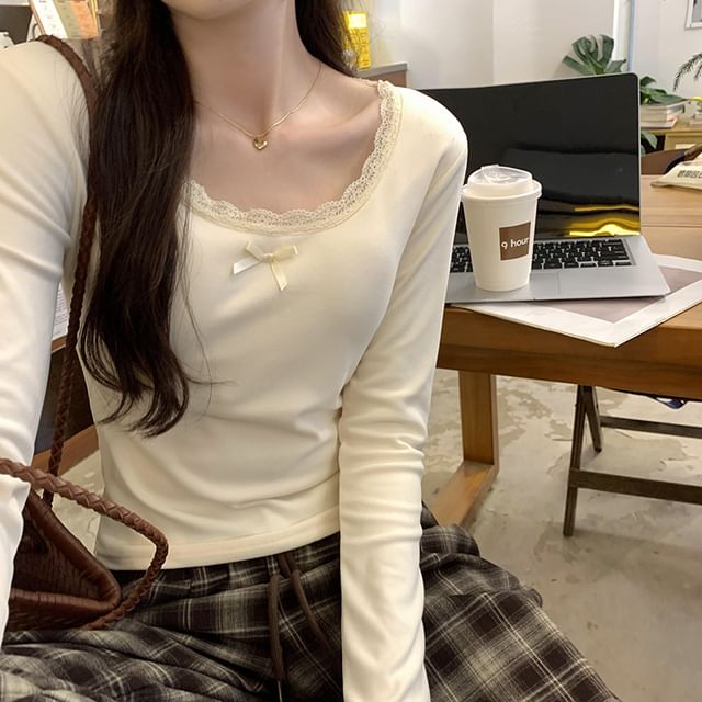 Scoop Neck Lace-Trim Long-Sleeve T-Shirt