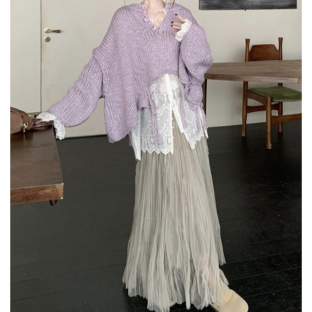 Asymmetrical Fringe Henley Sweater and Crinkle Maxi Skirt Set
