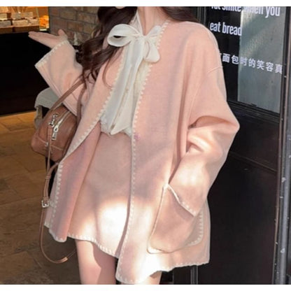Faux Pearl Fringed Blouse with Tie Neck & Contrast Jacket plus Mini Skirt