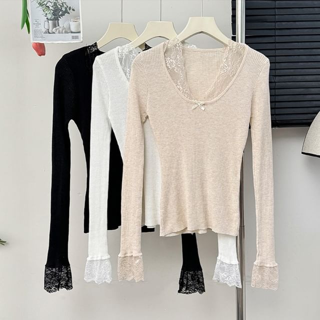Ribbed V-Neck Blouse with Lace Accent