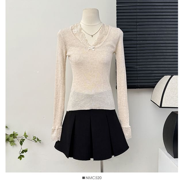 Ribbed V-Neck Blouse with Lace Accent