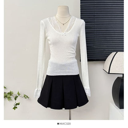 Ribbed V-Neck Blouse with Lace Accent