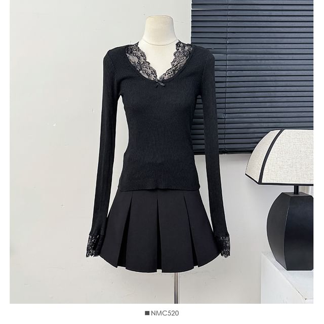 Ribbed V-Neck Blouse with Lace Accent