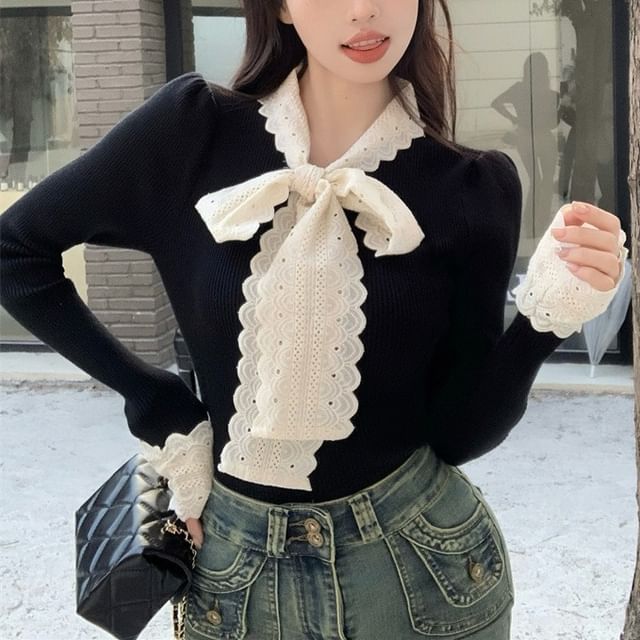 Tie-Front Lace Panel Fitted Long-Sleeve Knit Top