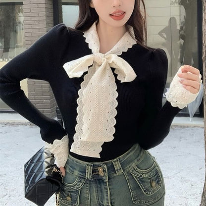 Tie-Front Lace Panel Fitted Long-Sleeve Knit Top