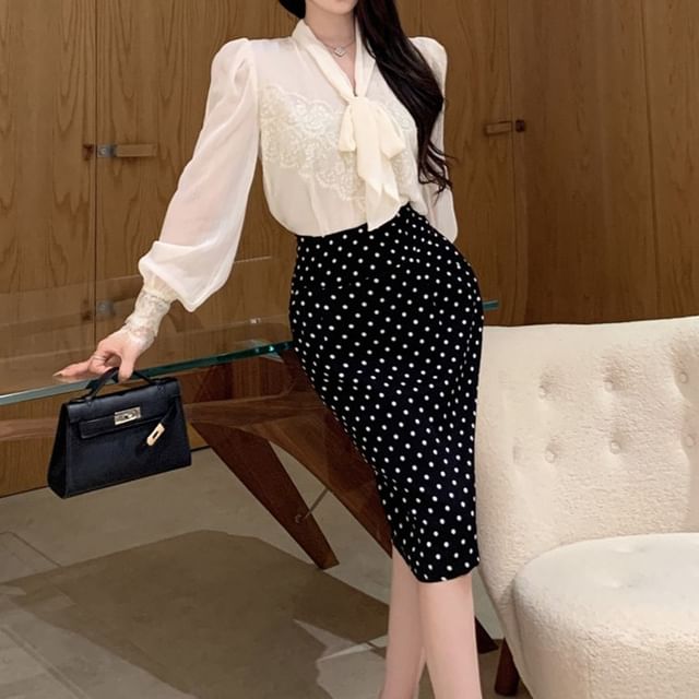Tie-Neck Lace Blouse with High-Waist Dot Pencil Skirt