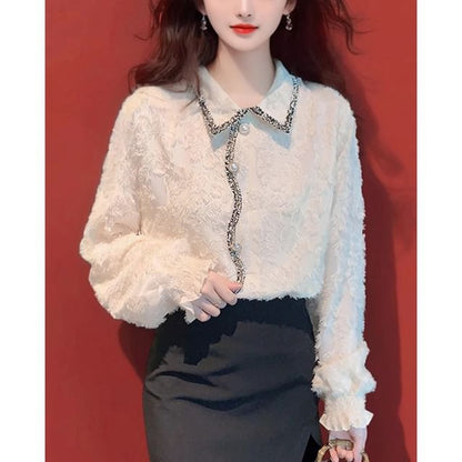 Elegant Frilled Lace Long-Sleeve Shirt