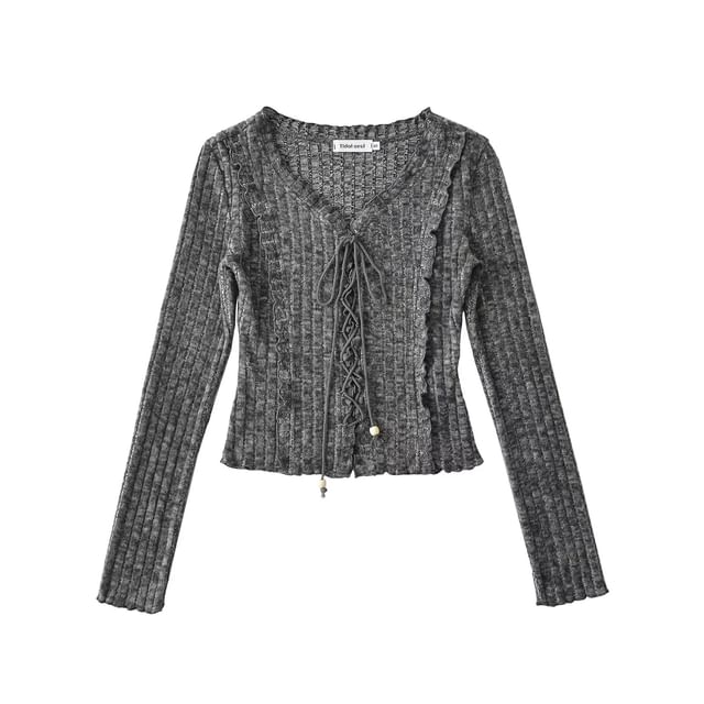 Ribbed V-Neck Lace-Up Cropped Knit with Ruffled Hem