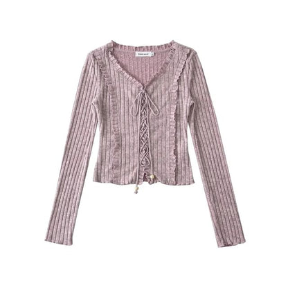 Ribbed V-Neck Lace-Up Cropped Knit with Ruffled Hem