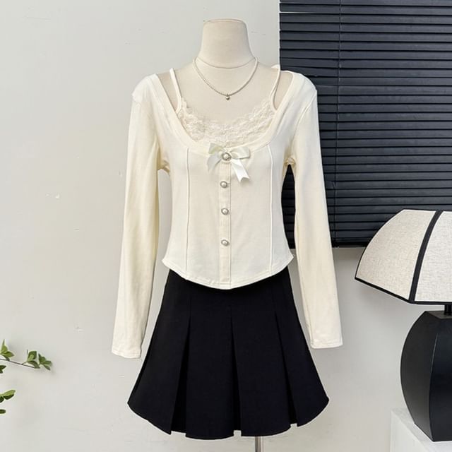 Mock Two-Piece Lace Insert Cropped Tee