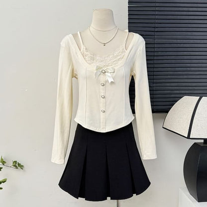 Mock Two-Piece Lace Insert Cropped Tee