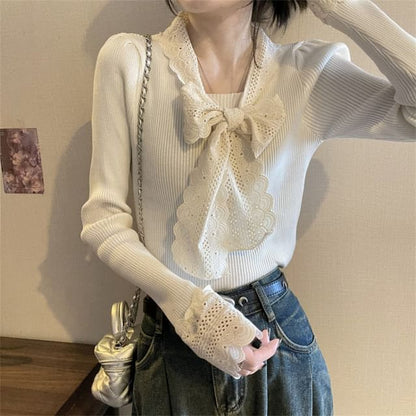 Ribbed Knit Tie-Neck Lace-Trim Sweater