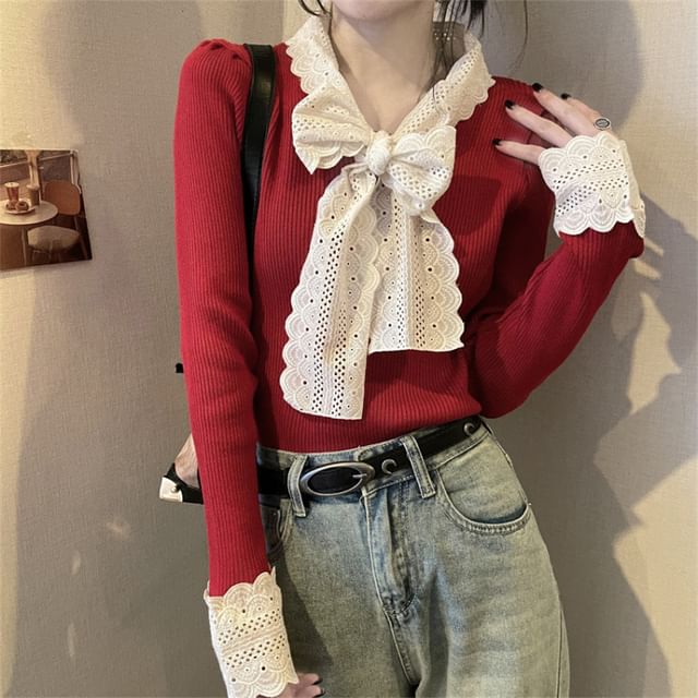 Ribbed Knit Tie-Neck Lace-Trim Sweater