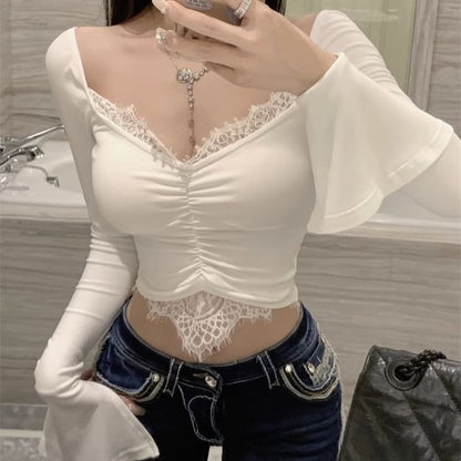 Ruched V-Neck Lace-Trim Crop Long-Sleeve Top