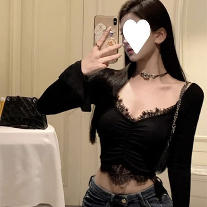 Ruched V-Neck Lace-Trim Crop Long-Sleeve Top
