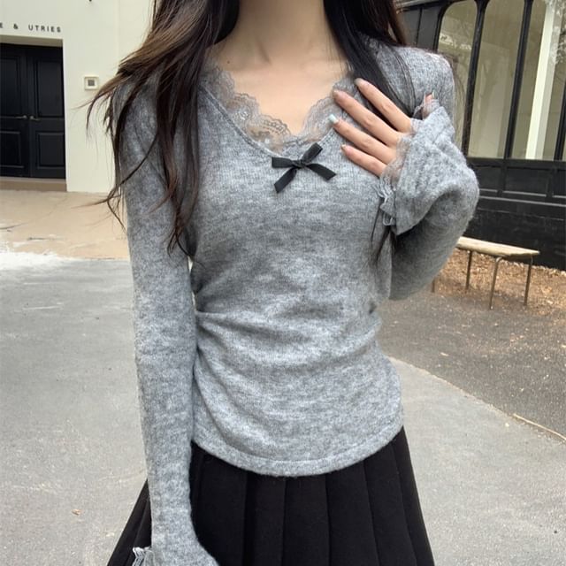 Bow-Trimmed Lace V-Neck Long Sleeve Knit Top