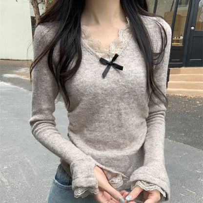 Bow-Trimmed Lace V-Neck Long Sleeve Knit Top