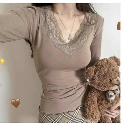 Classic V-Neck Lace-Trim Long-Sleeve Shirt