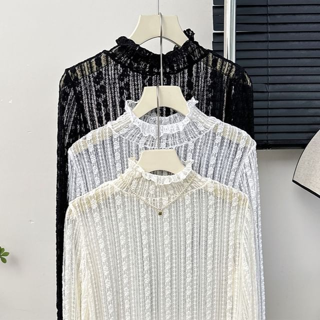 Ruffled Sheer Mock-Neck Lace Top
