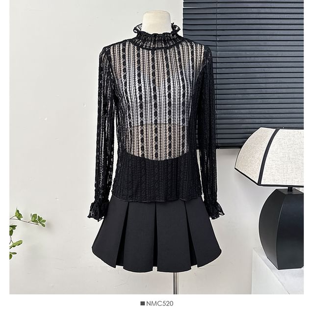 Ruffled Sheer Mock-Neck Lace Top