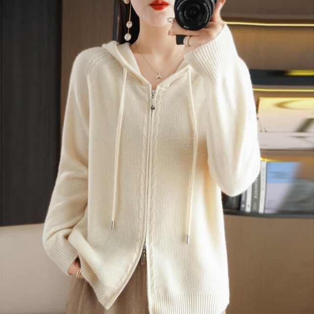 Ribbed Drawstring Hooded Zip Cardigan