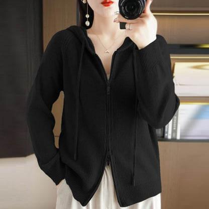 Ribbed Drawstring Hooded Zip Cardigan