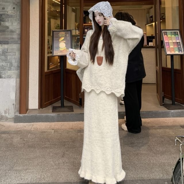 Hooded Lace Oversized Sweater with Midi Knit Skirt