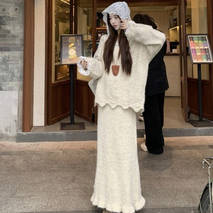 Hooded Lace Oversized Sweater with Midi Knit Skirt