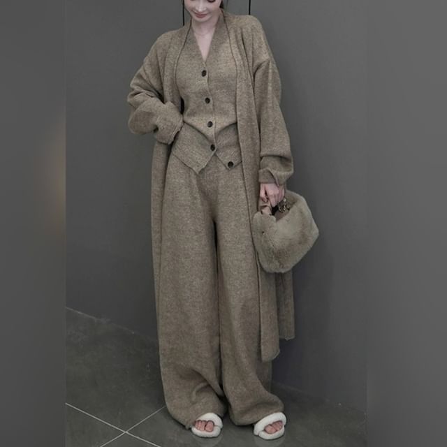 Sleeveless Vest, Wide Leg Pants & Open Front Cardigan Set
